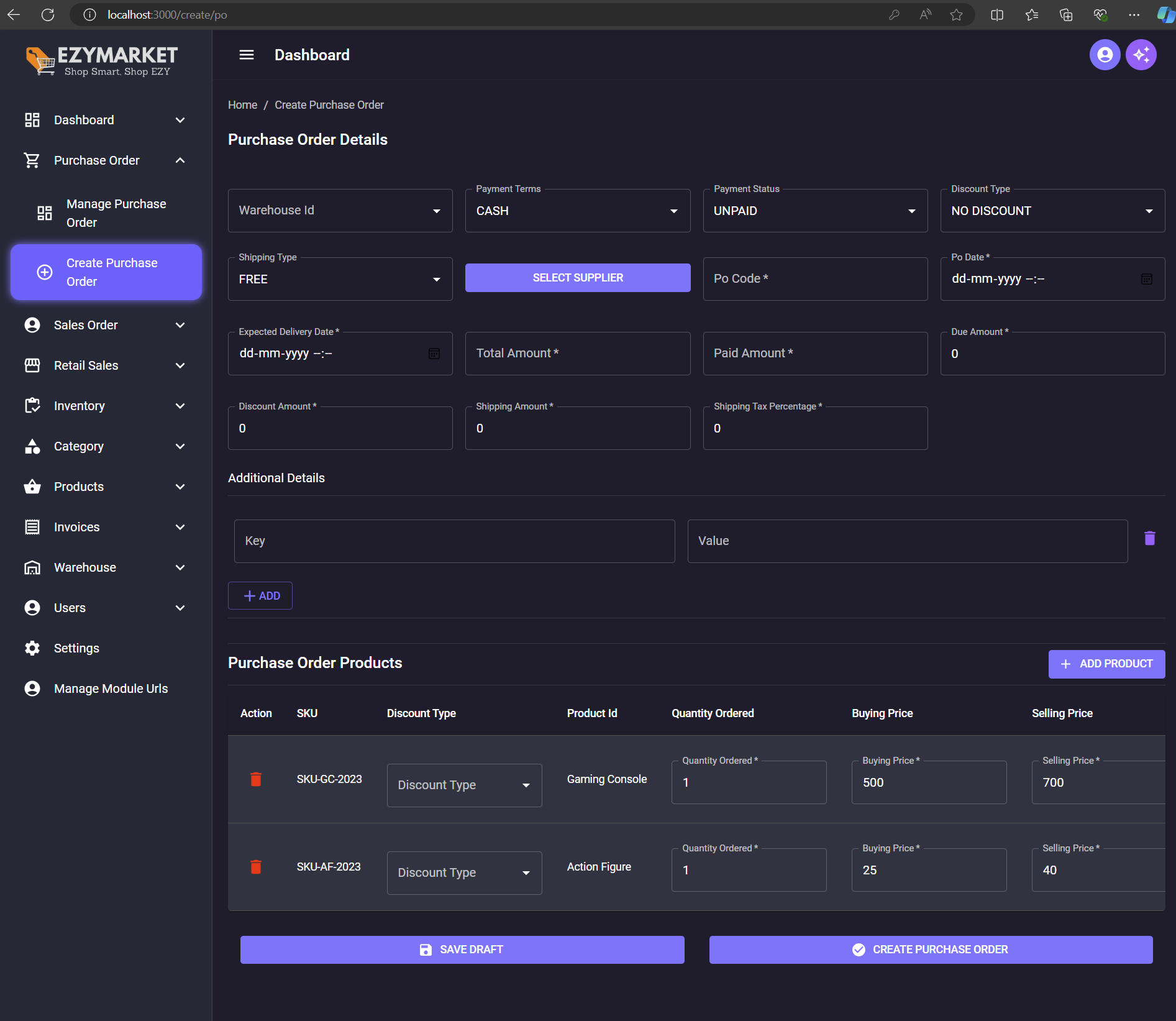 Create Purchase Order