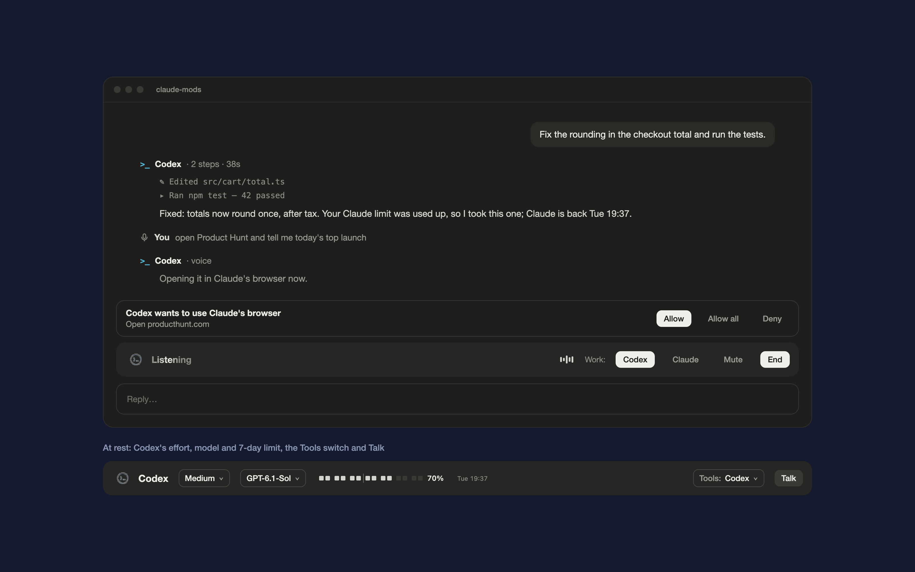 Nightshift in the Claude desktop app: a Codex reply covering for Claude, a voice exchange, Codex asking to use Claude's browser, and the Codex strip while talking and at rest