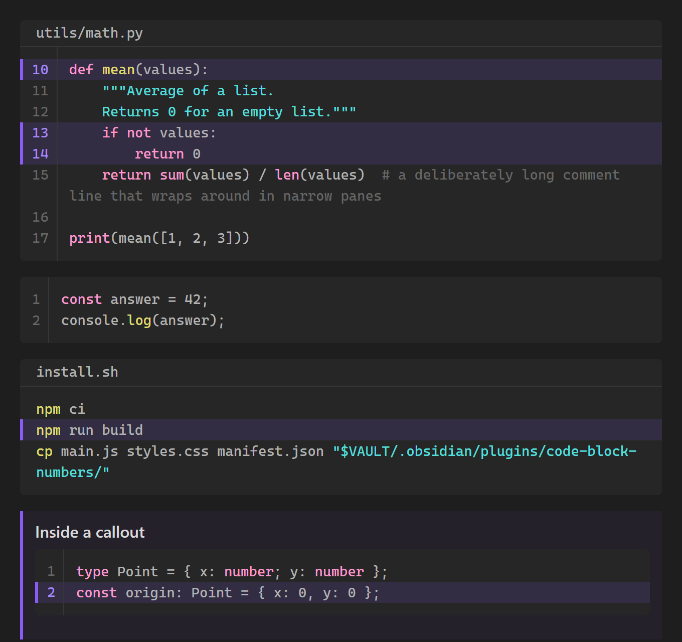 Code blocks with line numbers starting at 10, a file name bar and highlighted lines