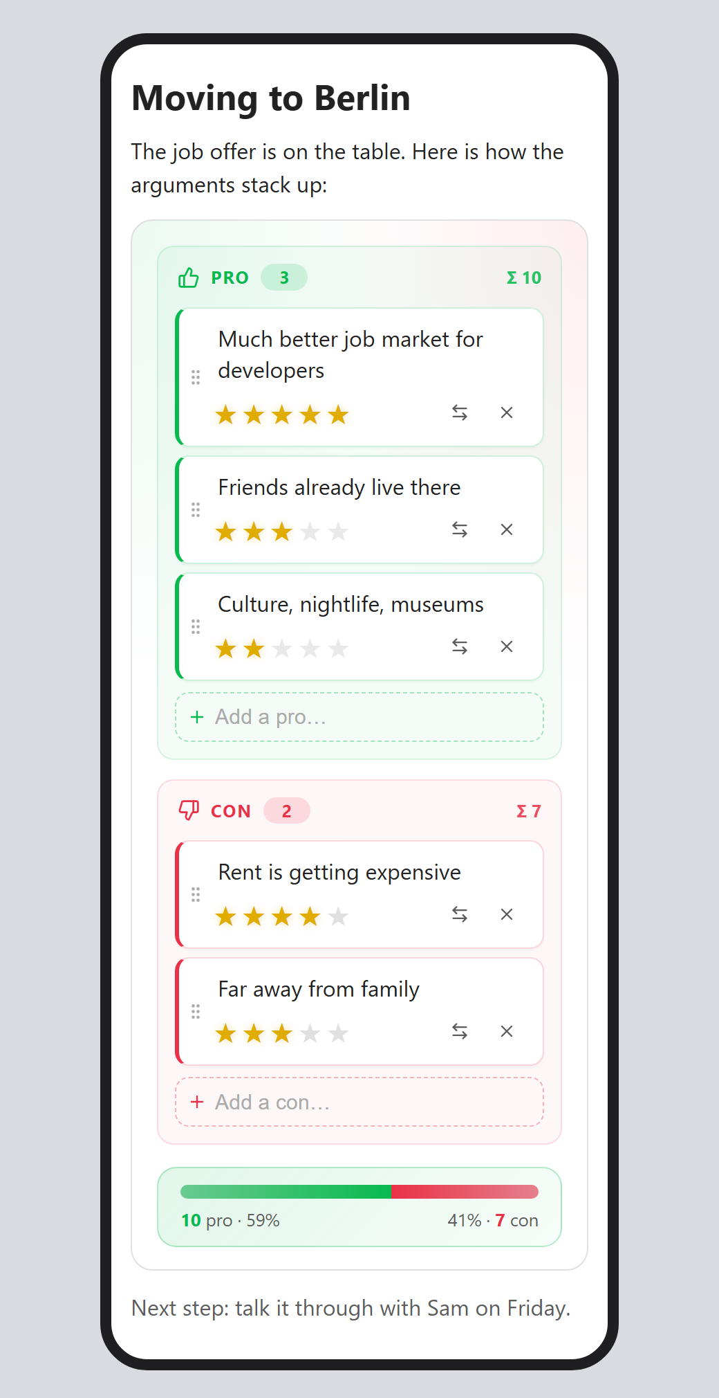 The same decision on a phone: stacked columns with always-visible touch controls