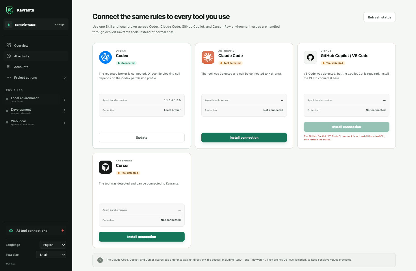 Kavranta connections for Codex, Claude Code, GitHub Copilot, and Cursor