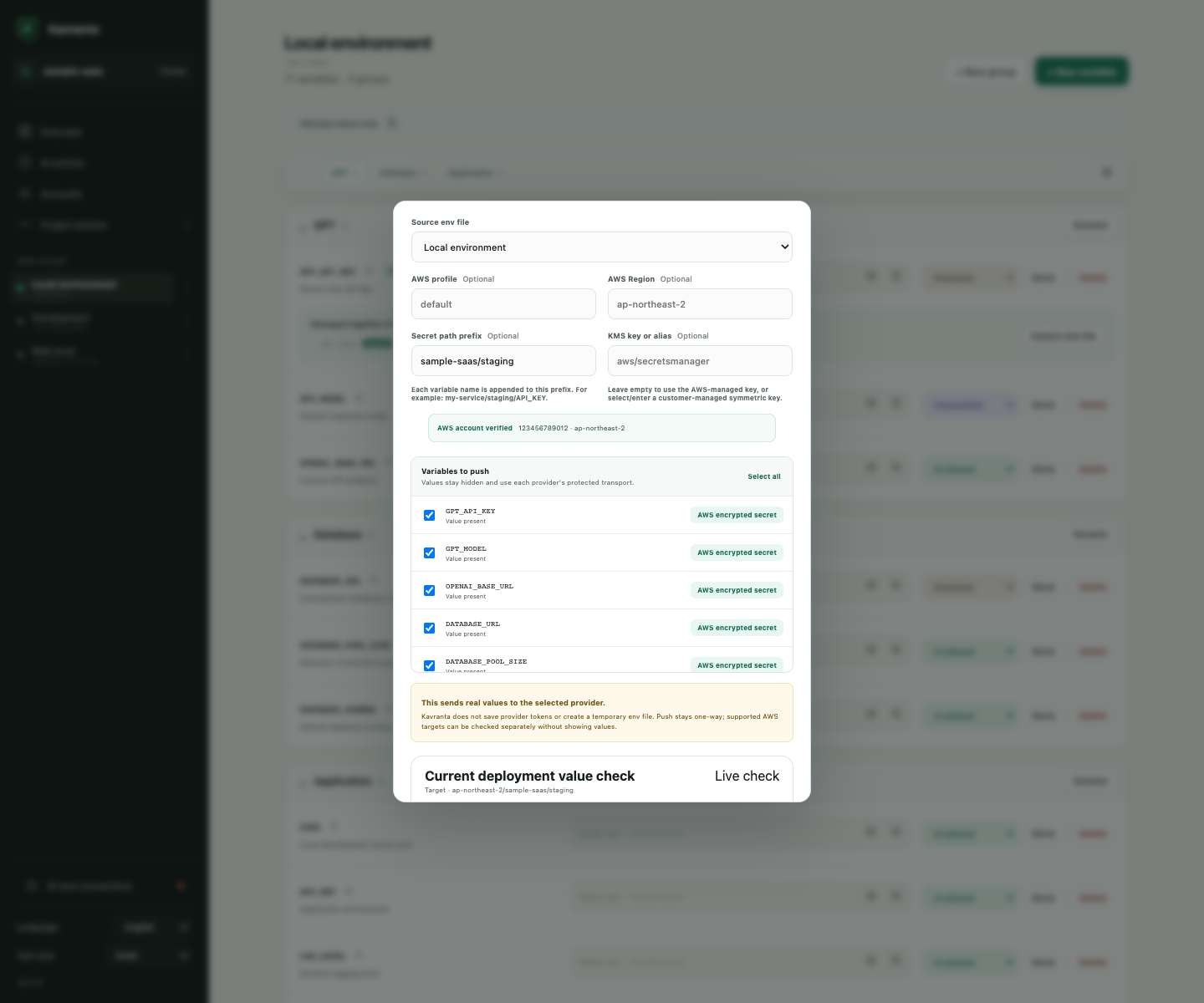 Push selected variables to AWS and compare deployment values with redacted results