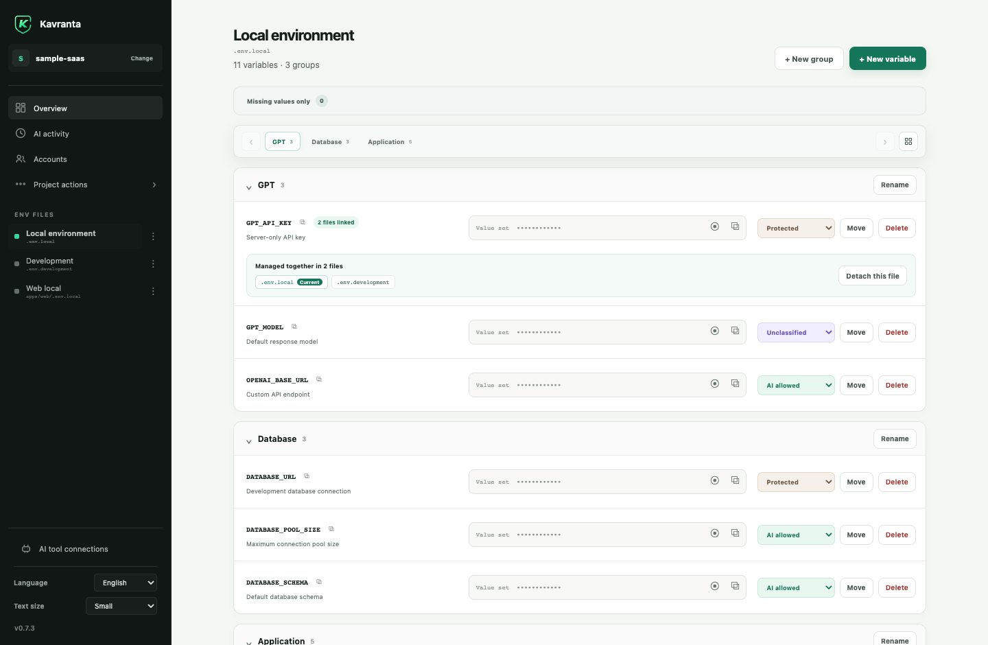 Kavranta file editor with masked synthetic values, linked files, and group navigation