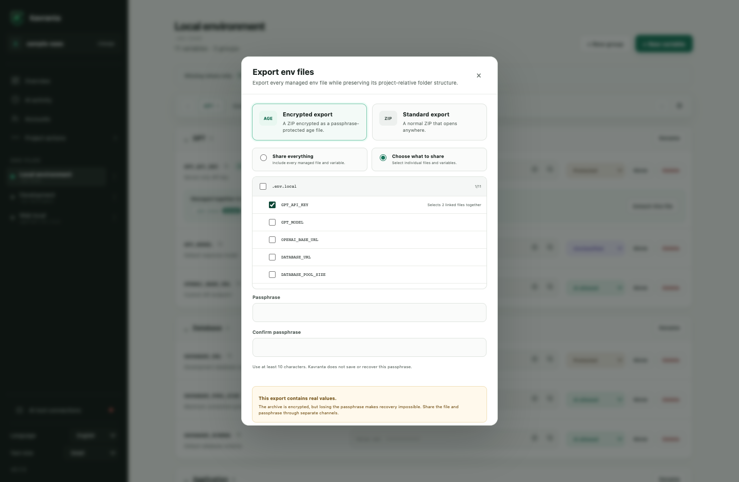 Choose individual variables for a passphrase-encrypted Kavranta package
