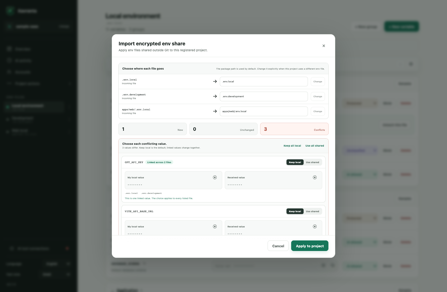 Review target-file mapping and resolve encrypted package conflicts before applying