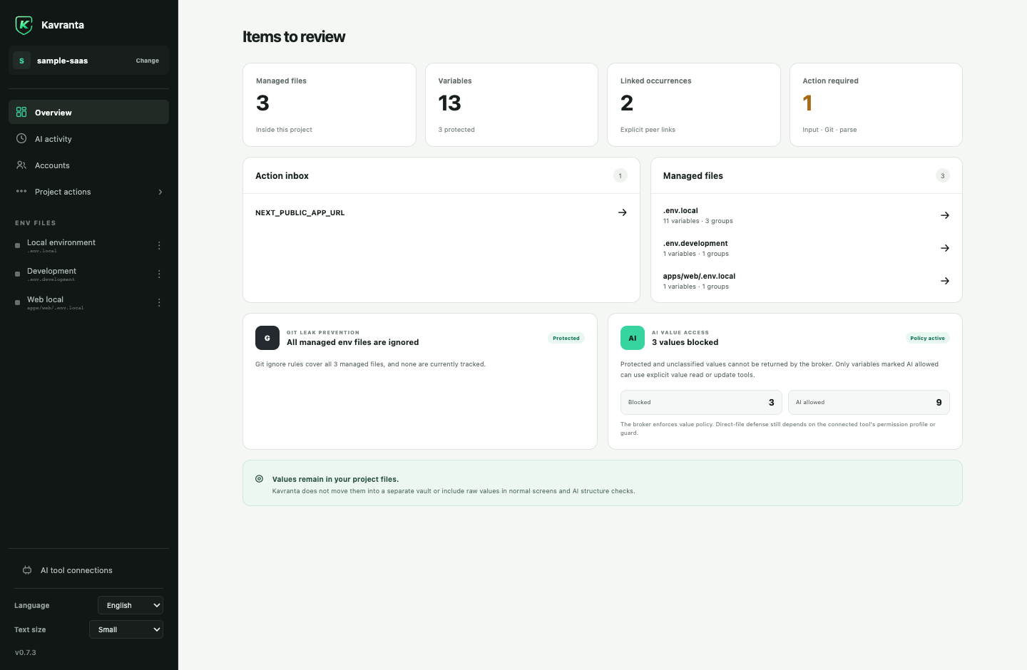 Kavranta project overview with Git safety and AI access status