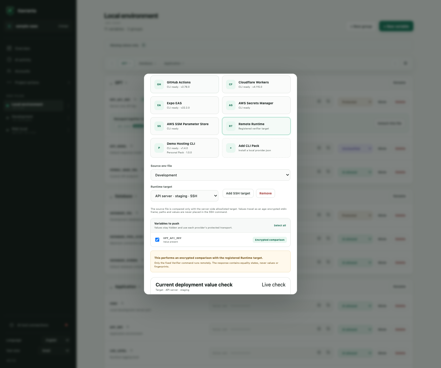 Compare selected local variables with an allowlisted server Runtime through the encrypted verifier
