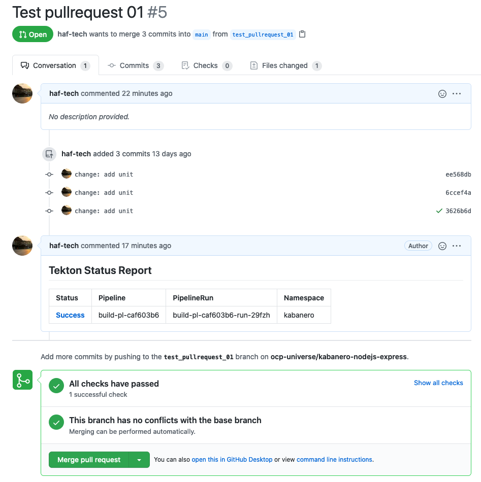 GitHub - Pull request with Tekton Status Report