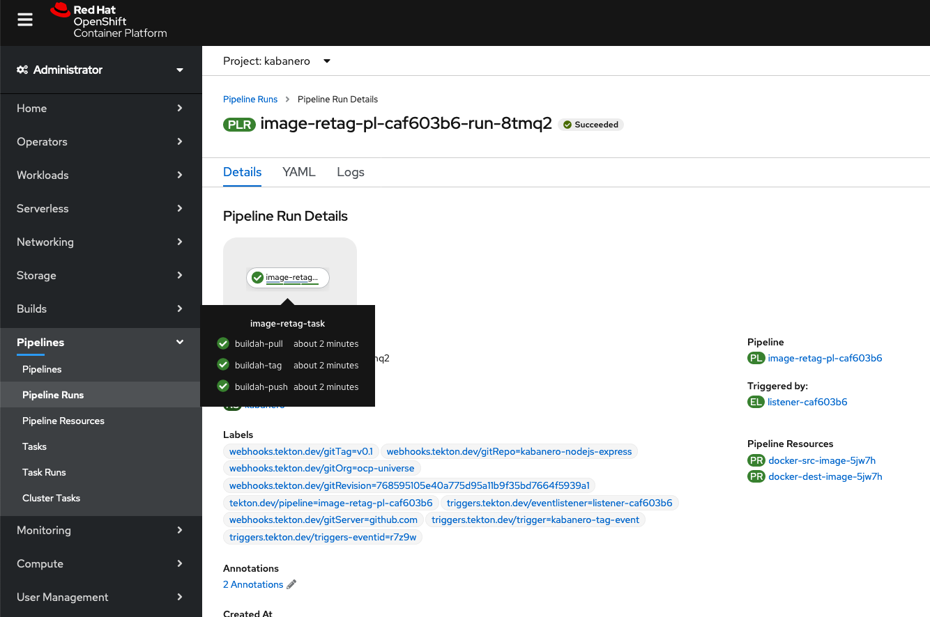 OpenShift Webconsole - Pipeline Run for image tag