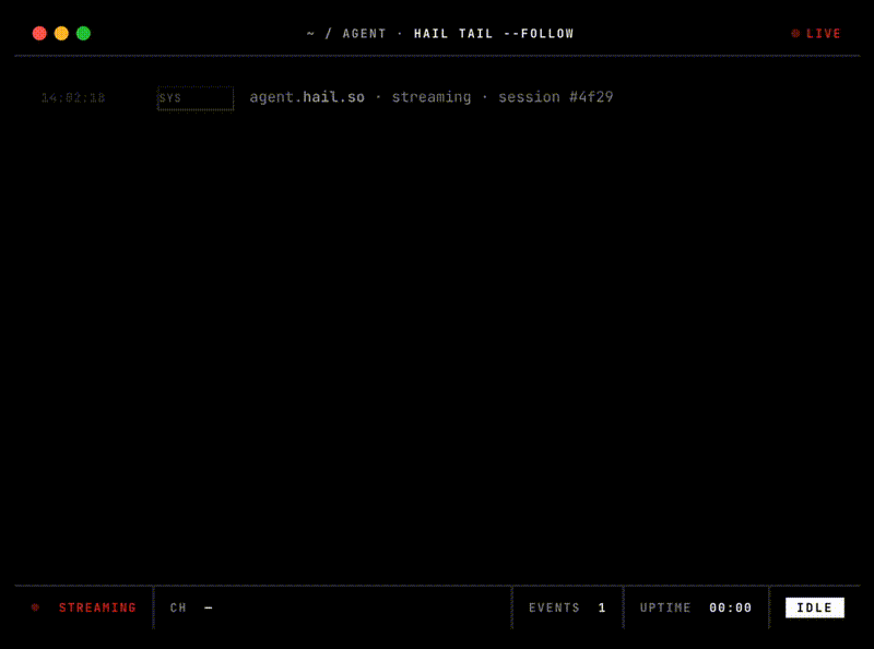 Animated terminal demo of hail tail streaming live call events