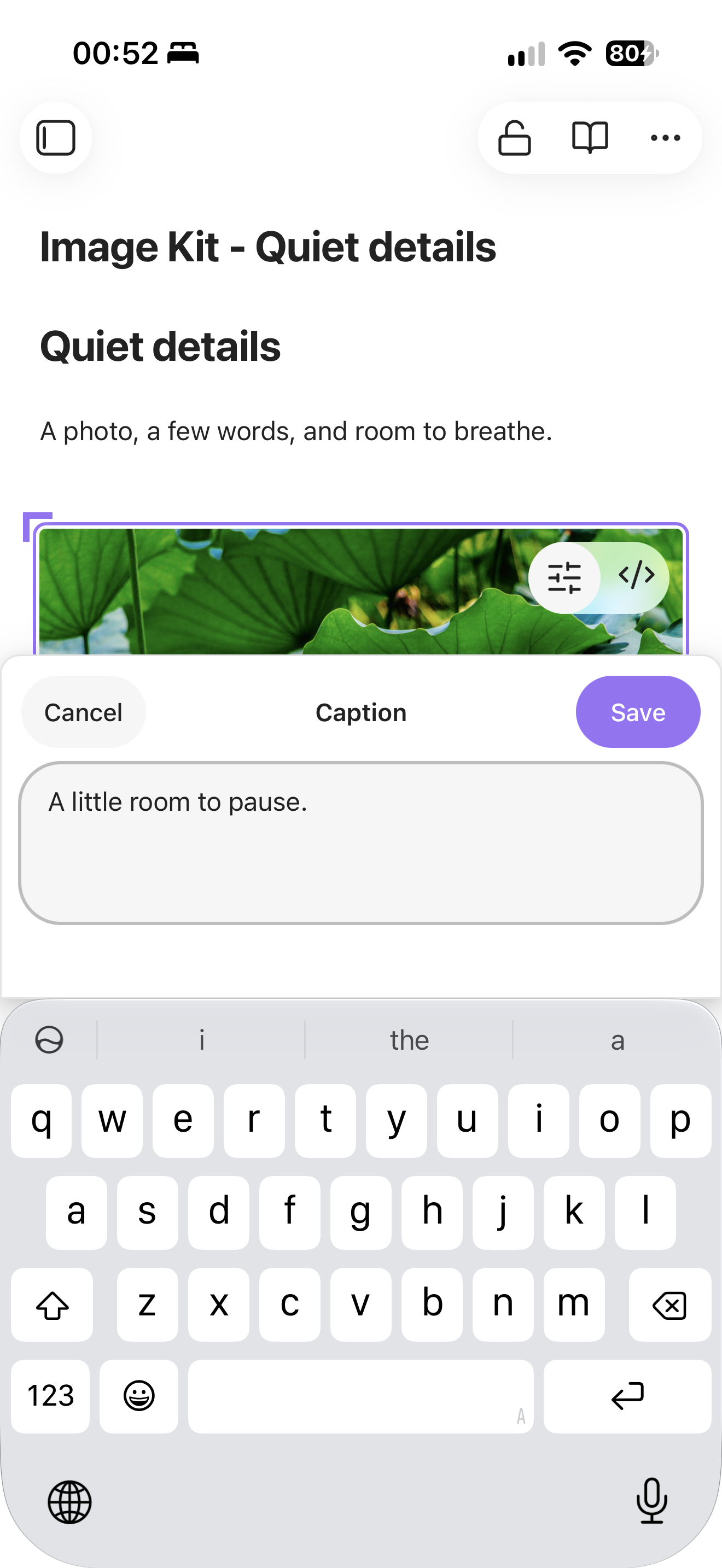 Caption editing on iPhone with Save and Cancel clearly above the open keyboard
