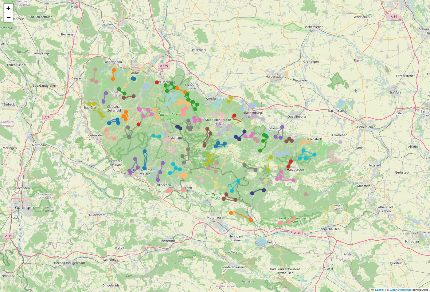 78 Saturday hiking loops across the Harz, one colour per trip
