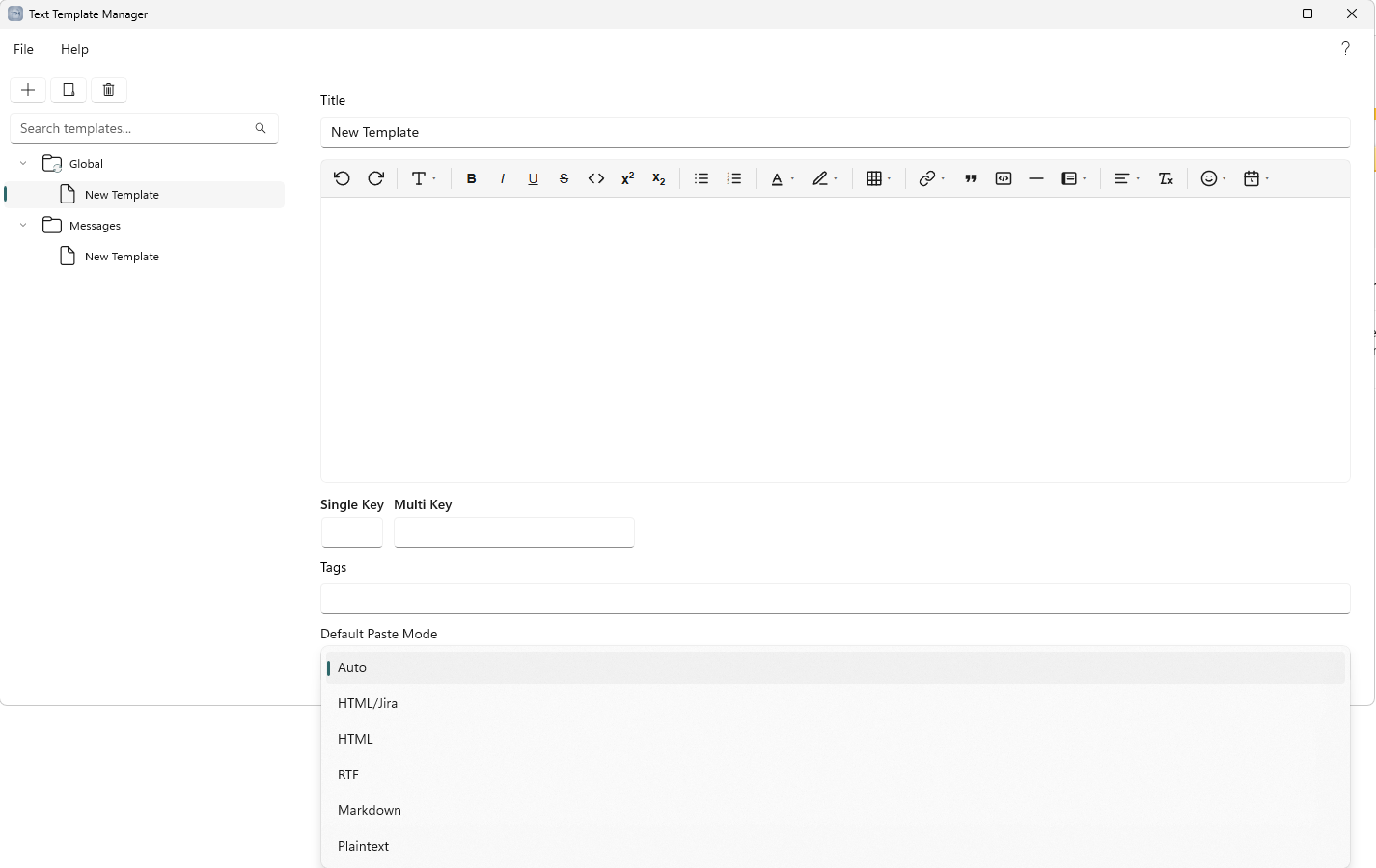 The main window: the template tree and toolbar on the left, and the selected template's editor, properties, and paste-mode list on the right.