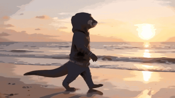 Ten seconds of film: an otter in a black hoodie walks along the beach at sunset, drawn in flat shifting paint Ten seconds of film: an otter in a black hoodie walks along the beach at sunset, drawn in flat shifting paint