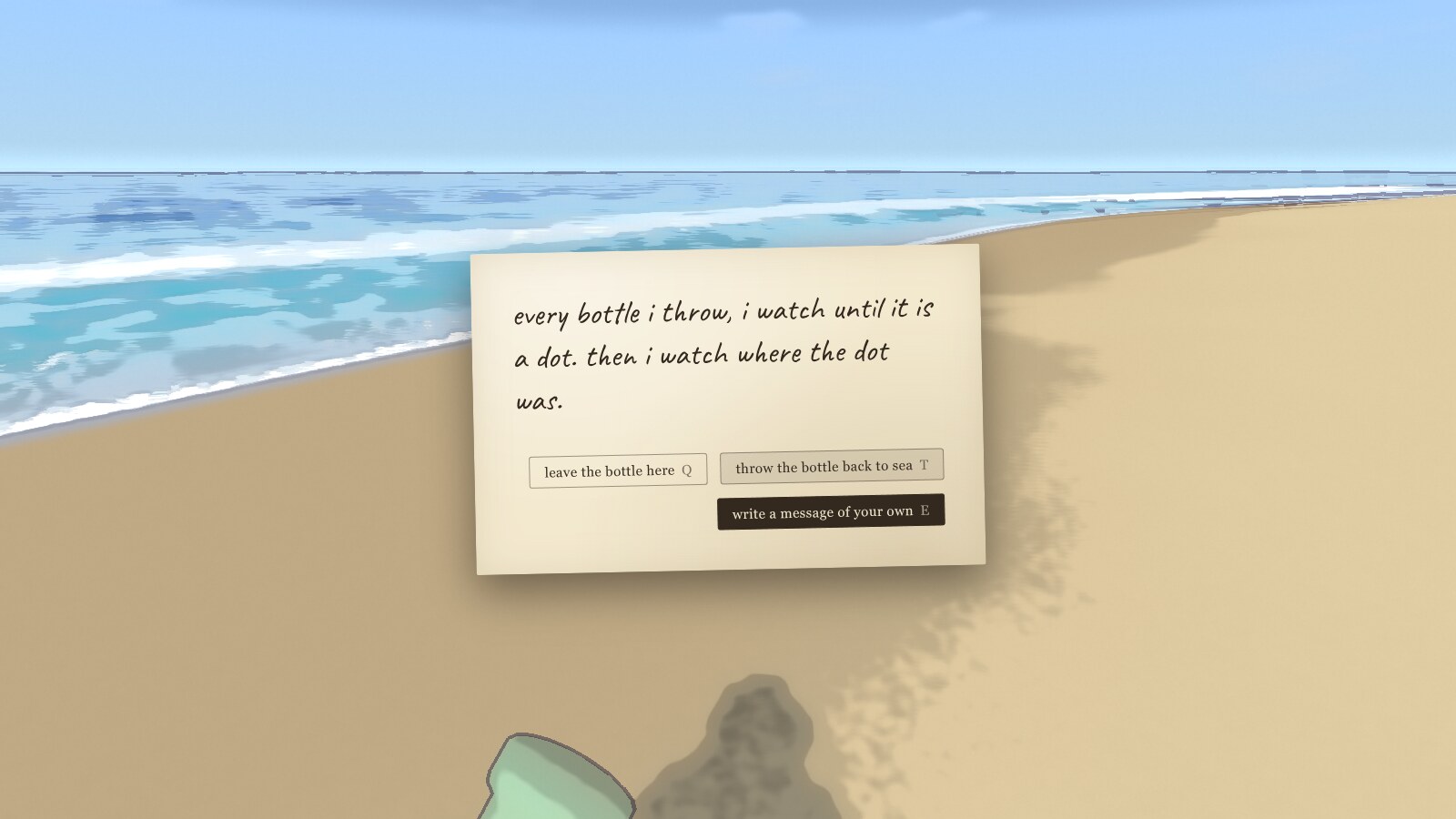 A letter from a bottle, with the choices: leave the bottle here, throw the bottle back to sea, write a message of your own