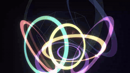 Glowing rings bloom and fade inside a slowly turning dodecahedron as spheres strike its faces