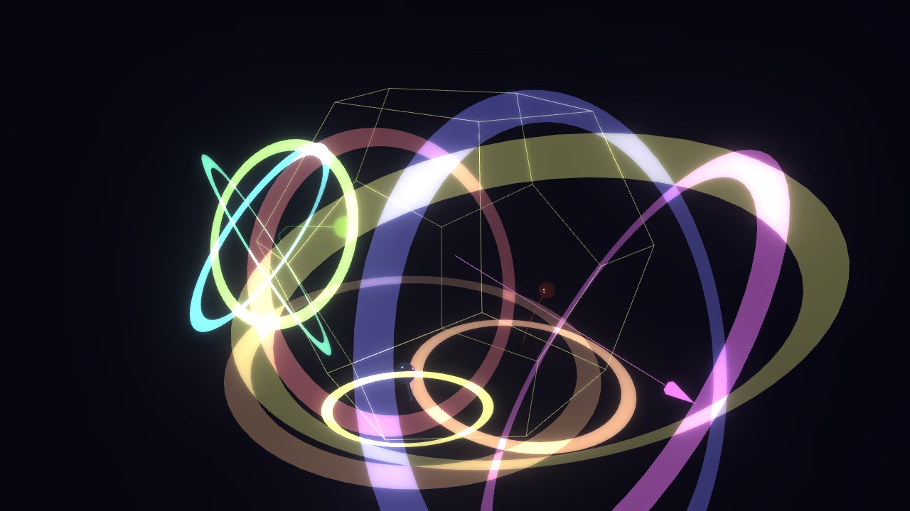 The dodecahedron, its wireframe lit by overlapping rings of yellow, violet and rose light