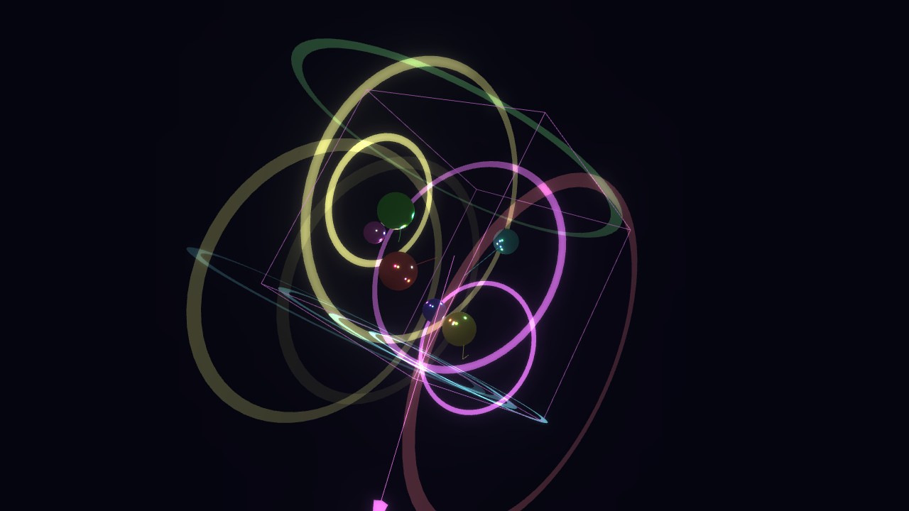 Hexahedron: spheres of different sizes circled by gold and magenta rings