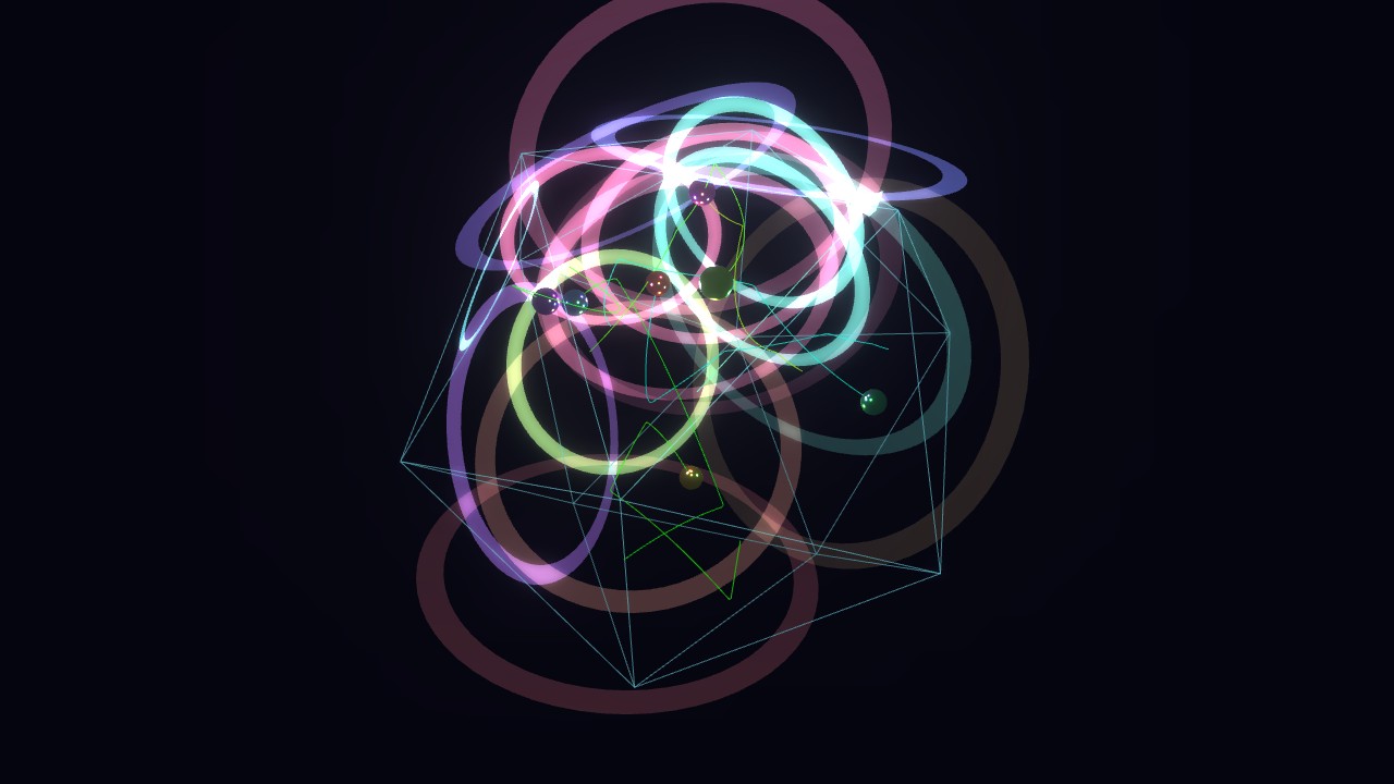 Icosahedron: pink, teal and gold rings clustered inside the twenty-faced cage