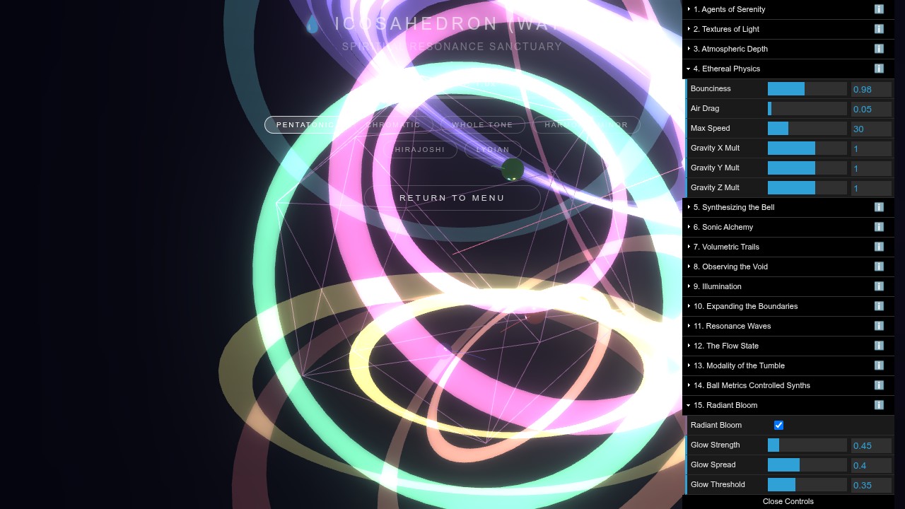 The control panel open beside the icosahedron, showing the physics and Radiant Bloom dials