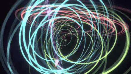 Dozens of fine concentric rings pulsing outward inside a rocking tetrahedron