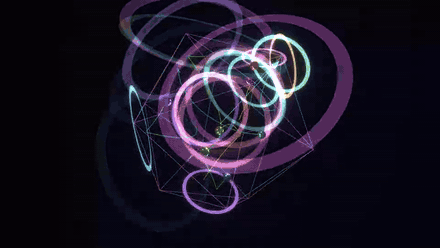Seven spheres trailing ribbons of light through an icosahedron