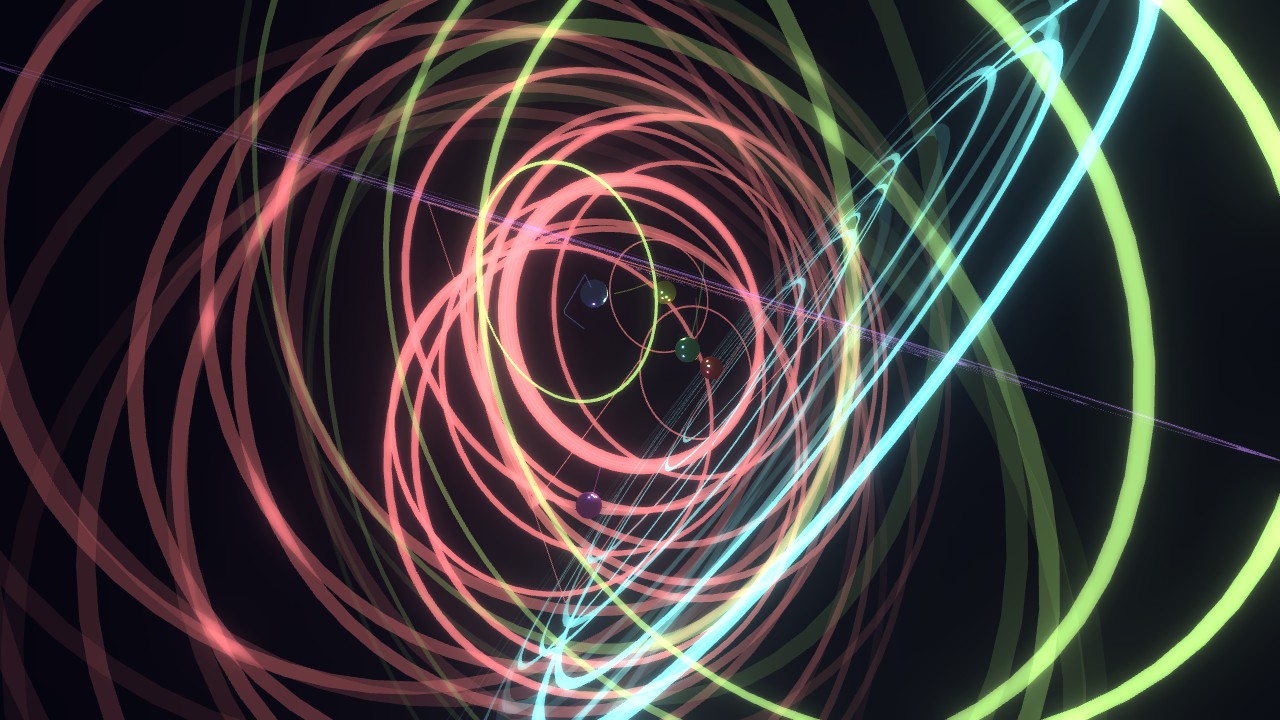 Tetrahedron: a dense web of thin coral and lime rings