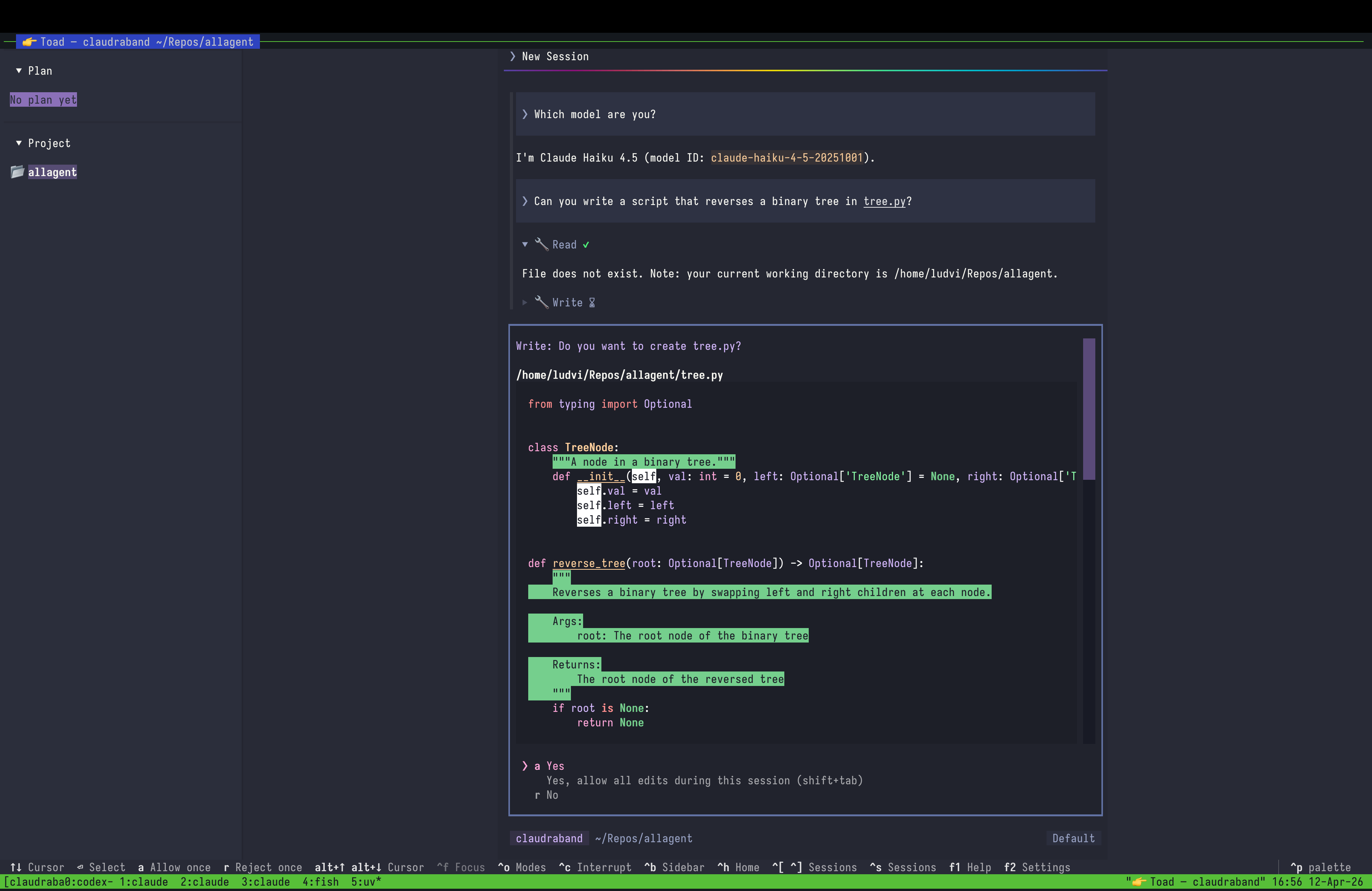 Toad using claudraband ACP as an alternative frontend