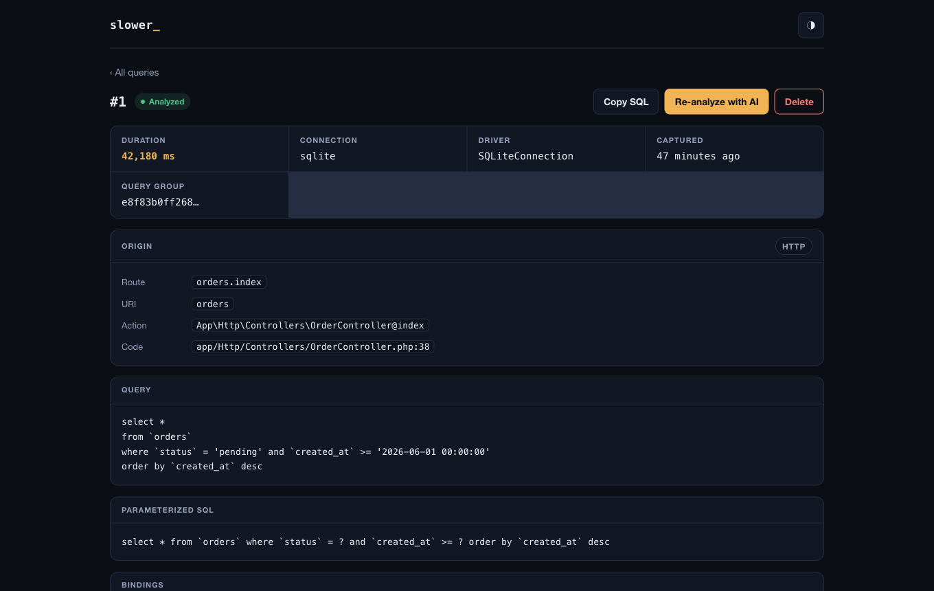 Query detail page showing the formatted SQL, bindings and a rendered AI recommendation