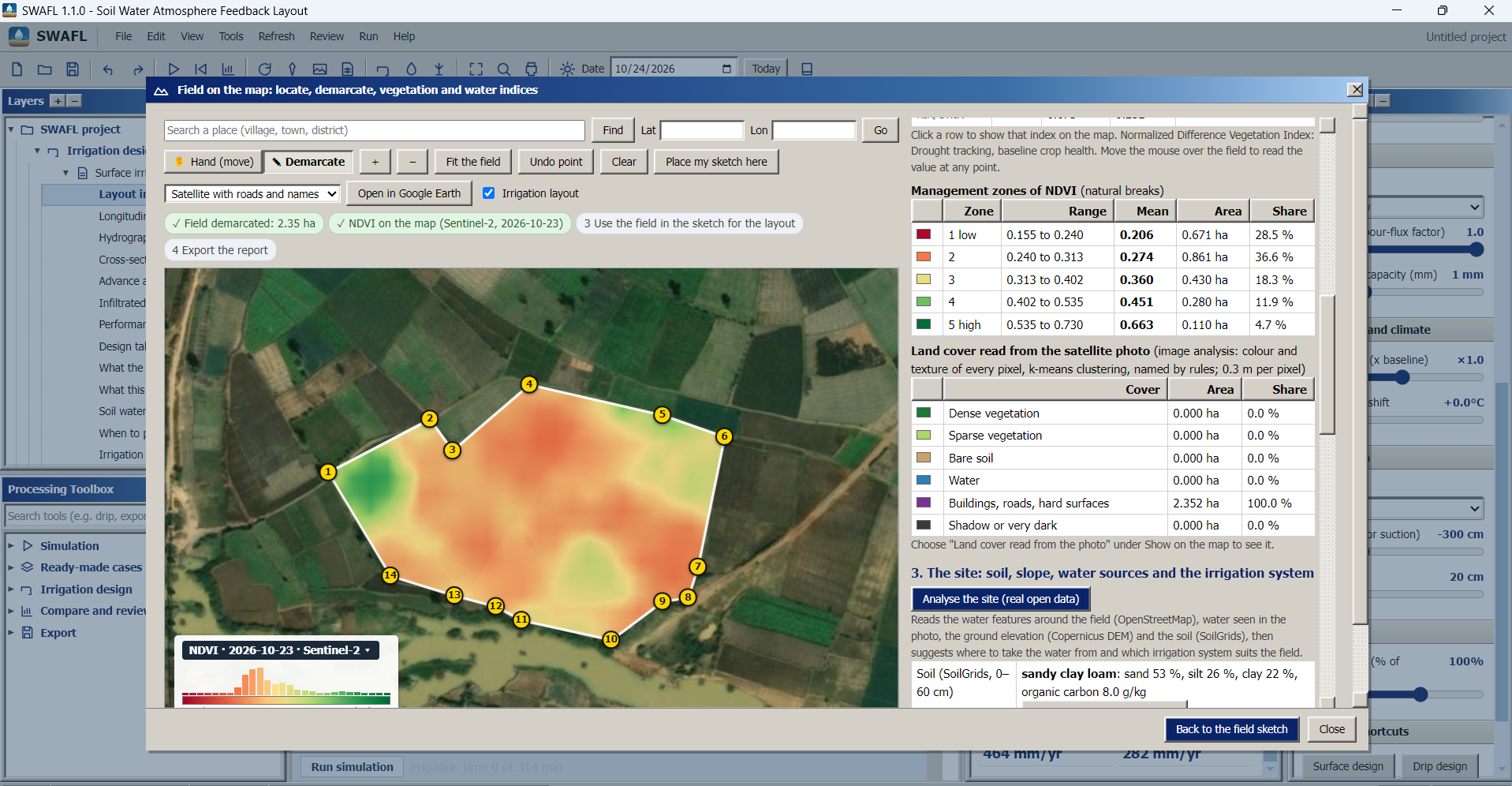 SWAFL Desktop 1.1.0, Tools, Field on the map: a real field demarcated on the satellite image with its Sentinel-2 NDVI and management zones