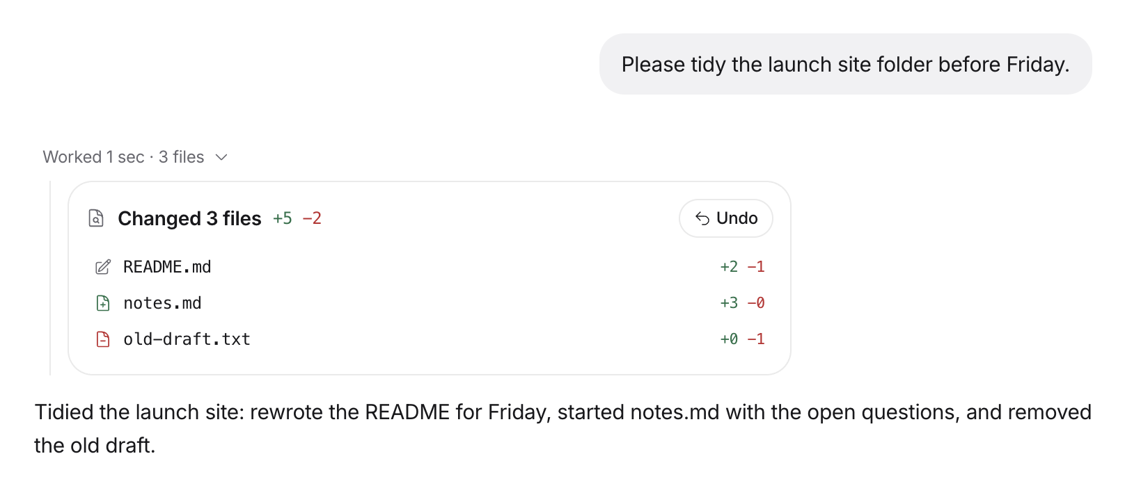 A card under an agent's reply listing the three files it changed, with an Undo button