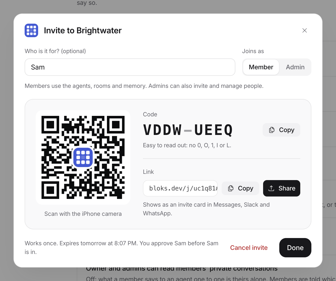 Invite to Brightwater: a QR code with the workspace's mark in the middle, an 8 character code and a link, for one person who joins as a member