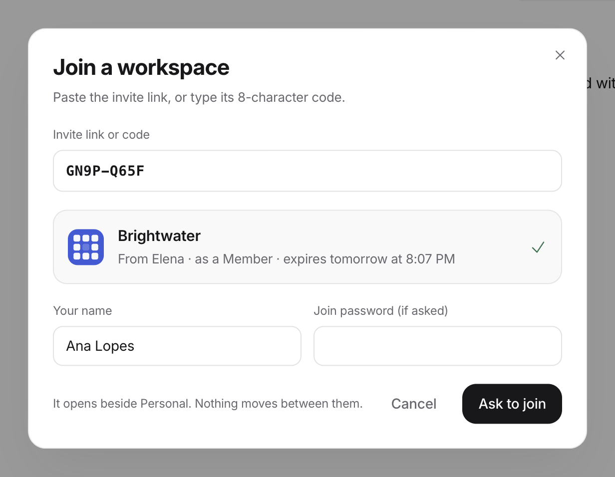 Join a workspace: the code typed in, Brightwater found with who sent the invite, and a name to join under