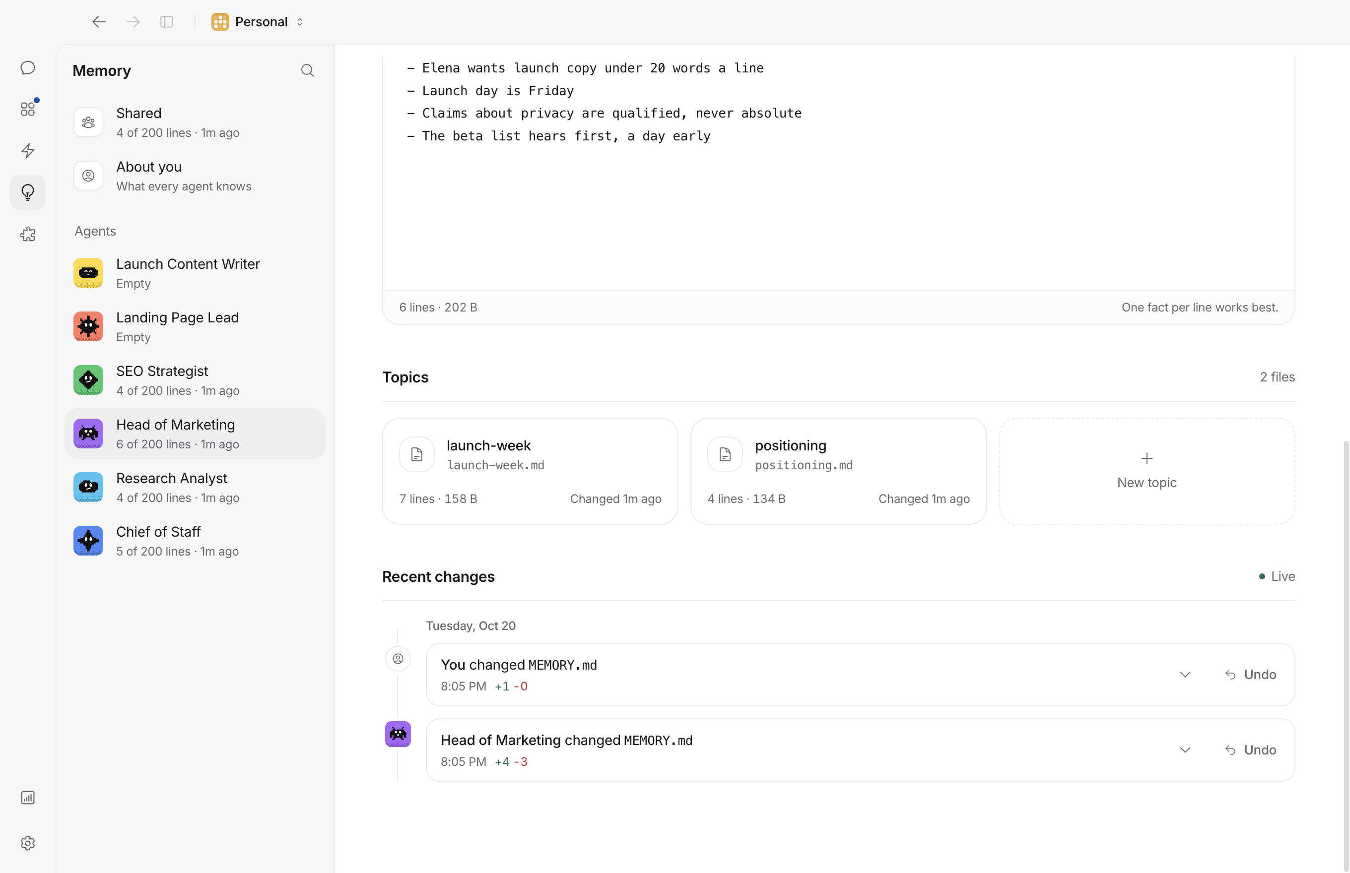 Memory for the Head of Marketing: its topic files, and Recent changes, where the agent changed MEMORY.md during a conversation and you changed it after, each with an Undo button