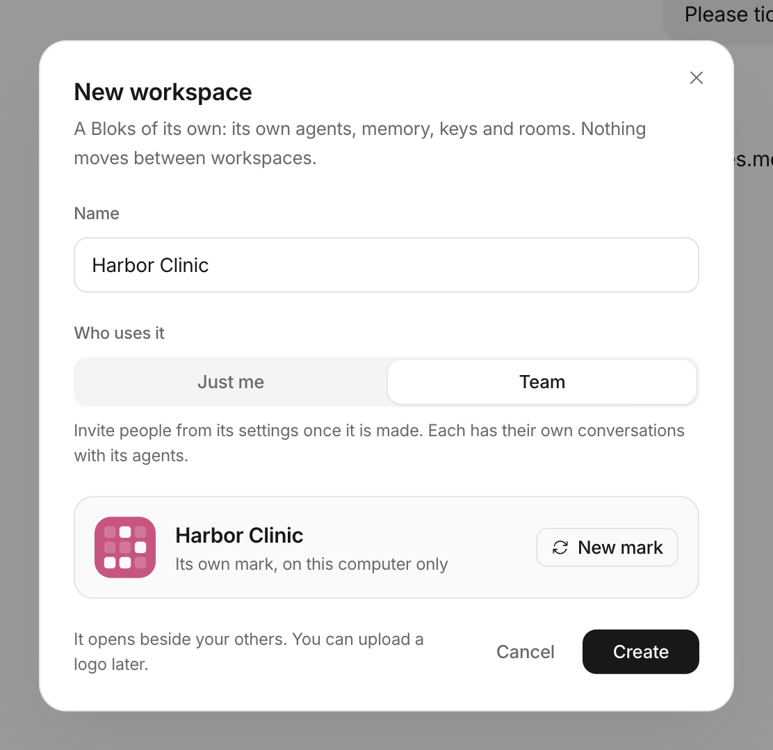 New workspace: a name, Just me or Team, and the mark it will wear, with a button to draw another