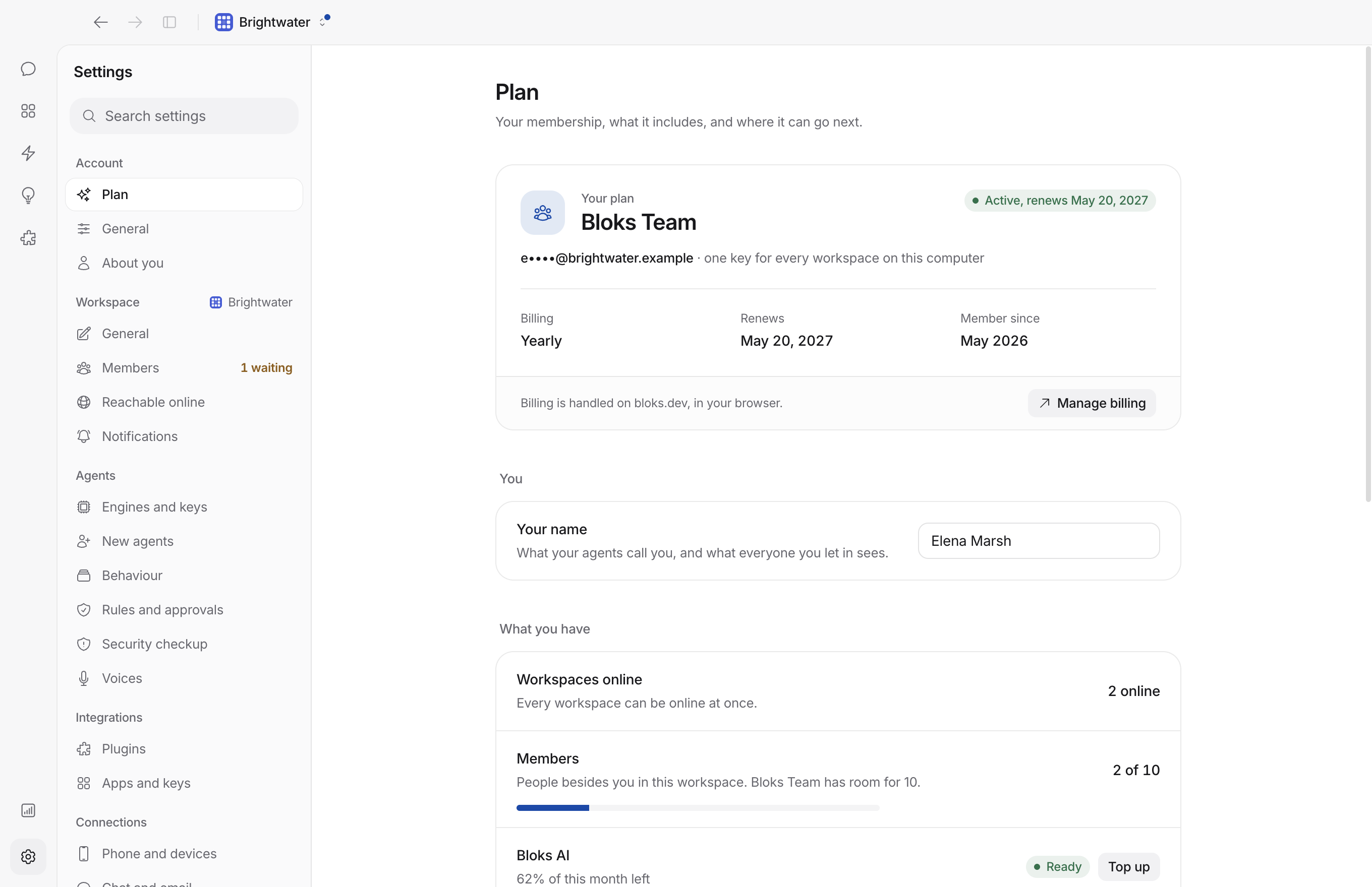 Settings, Plan: Bloks Team, active and billed yearly, then your name and what the plan includes, workspaces online and members