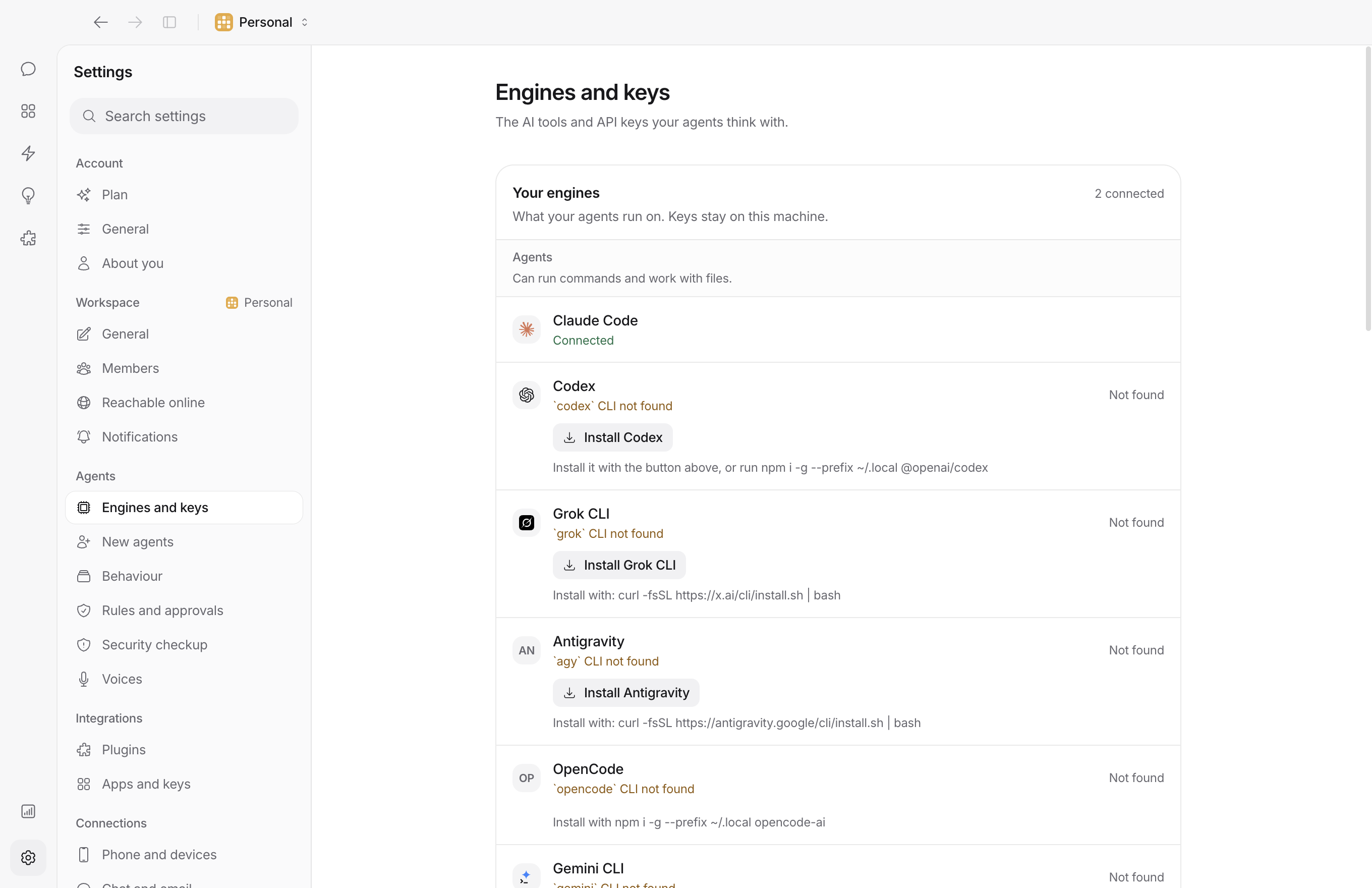 Settings as one list in groups, Account, Workspace, Agents and on, open on Engines and keys with Claude Code connected and the other engines one button away