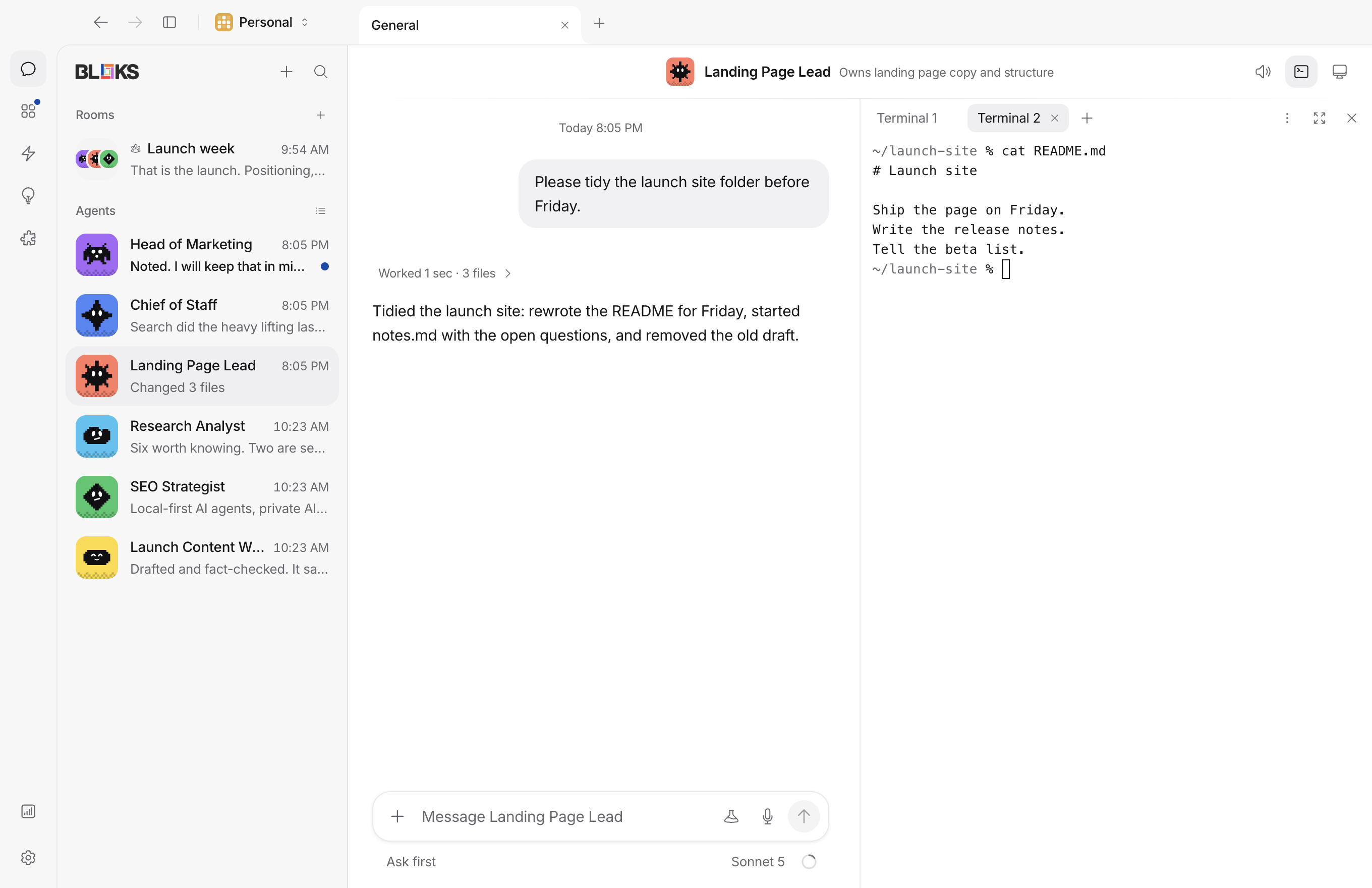 The same terminal side by side with the chat, with a second shell open