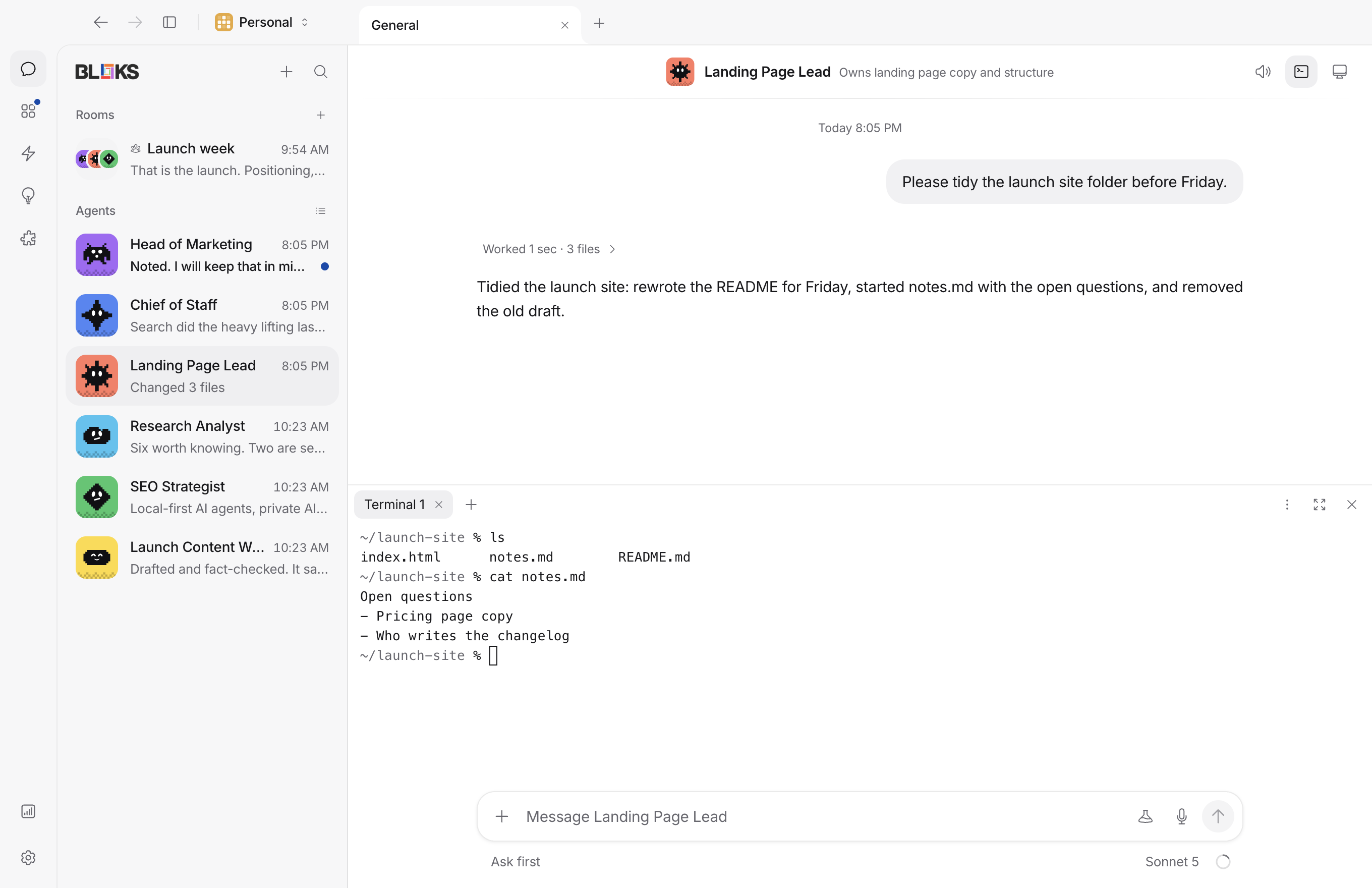An agent's terminal docked under its chat, with a shell open in the agent's folder