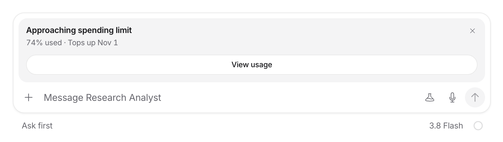 The message box with Approaching spending limit above it, how much is used and when it tops up, and a View usage button