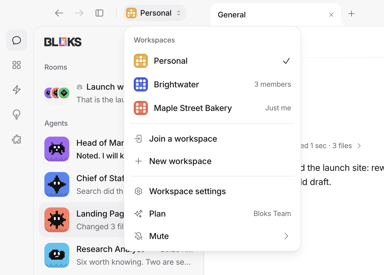 The workspace switcher open at the top of the window: Personal, Brightwater with three members and Maple Street Bakery, then Join a workspace, New workspace, Workspace settings, Plan and Mute