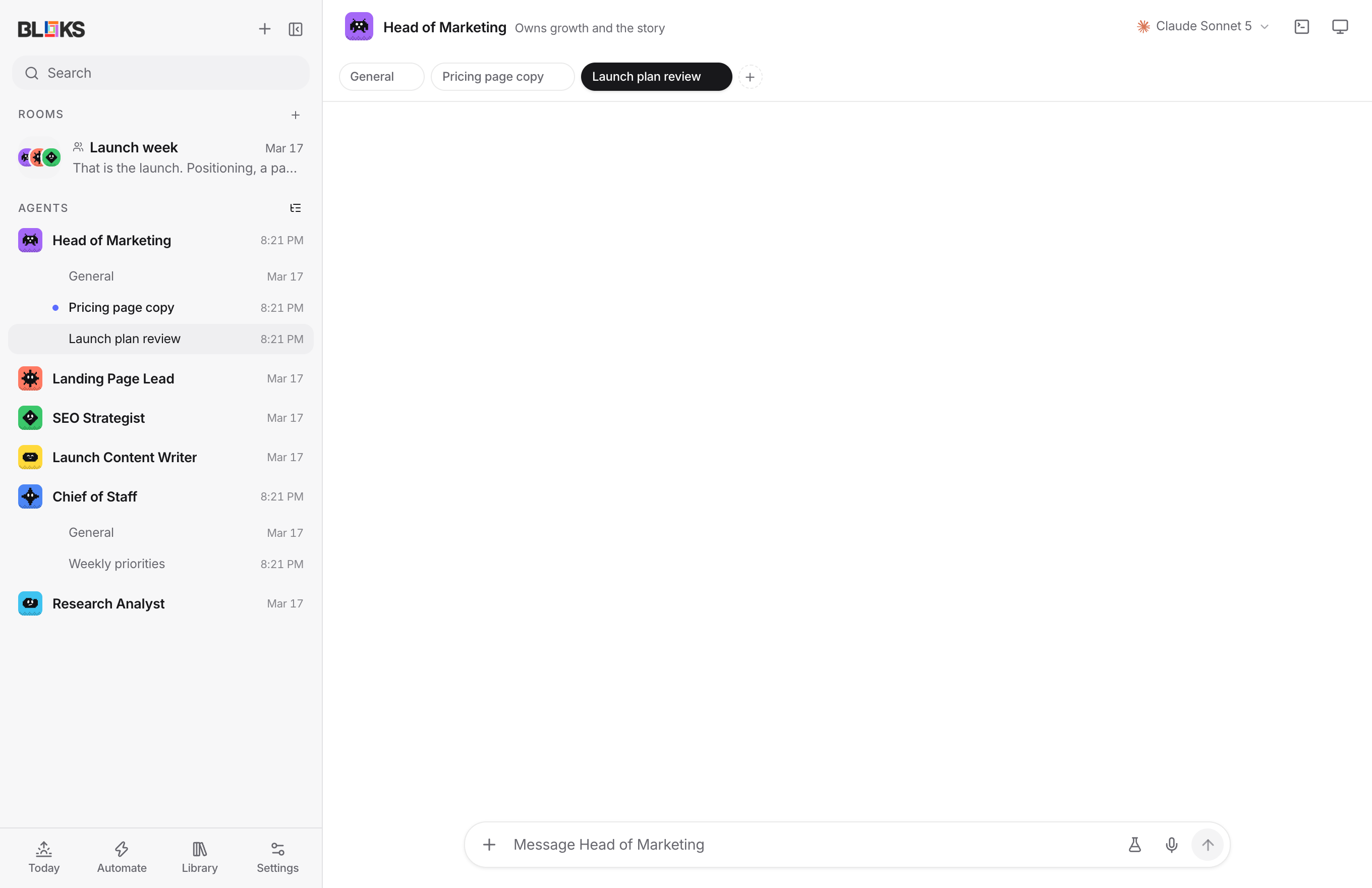 The sidebar with each agent's conversations listed under it