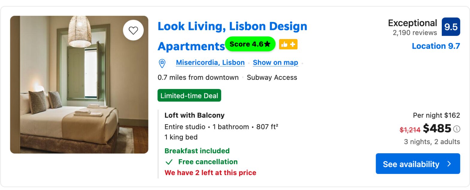 Booking Listing Score pill on a search result