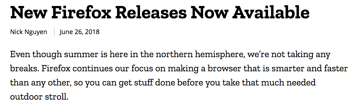 Screenshot of headline, blurb of Firefox news