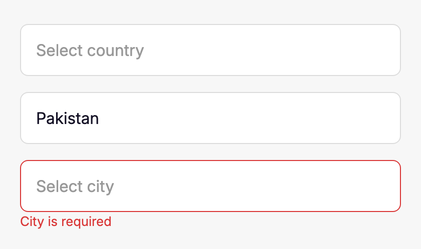 StyledDropdown placeholder, selected and error