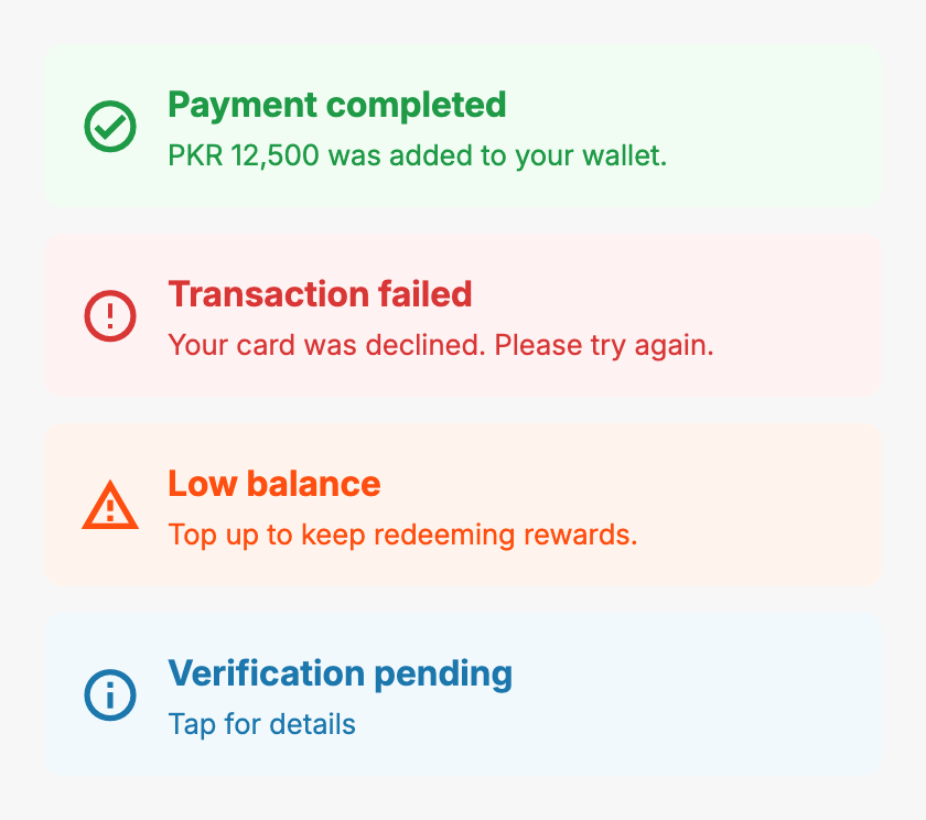 StatusCard success, error, warning and info