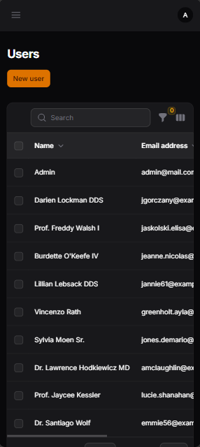 A resource table on a phone without the preset: the table scrolls sideways, the email column is clipped mid-word, and the row actions sit off-screen