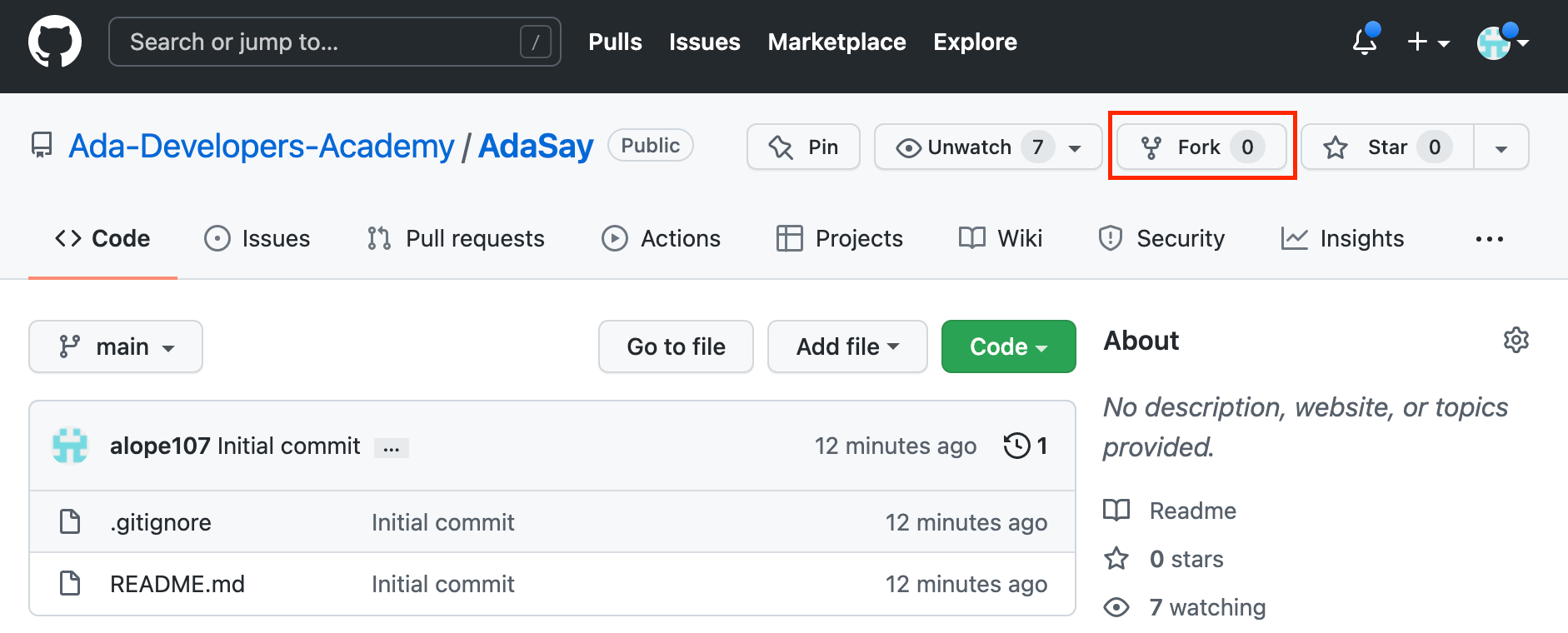 Screenshot showing fork button on top right of GitHub page