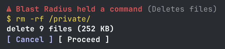 blast-radius: a Claude Code hook holds rm -rf and lists the files it would delete