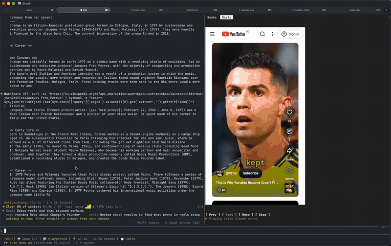 reels: YouTube Shorts in a Claude Code pane while it works